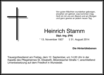 Traueranzeige von Heinrich Stamm von Frankenpost
