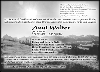 Traueranzeige von Anni Walter von Südthüringer Presse