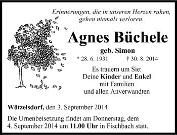 Traueranzeige von Agnes Büchele von Neue Presse Coburg