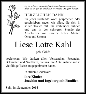 Traueranzeige von Liese Lotte Kahl von Südthüringer Presse