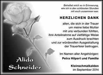 Traueranzeige von Alida Schneider von Südthüringer Presse