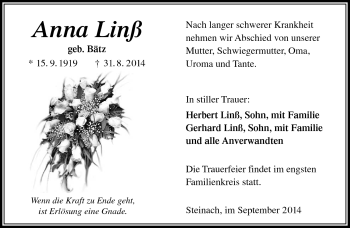 Traueranzeige von Anna Linß von Südthüringer Presse