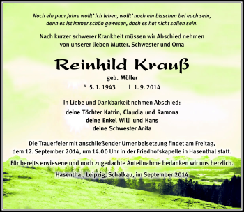 Traueranzeige von Reinhild Krauß von Südthüringer Presse