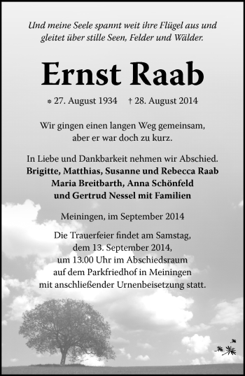 Traueranzeige von Ernst Raab von Südthüringer Presse