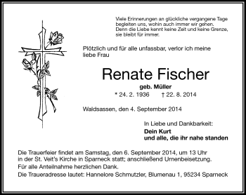 Traueranzeige von Renate Fischer von Frankenpost