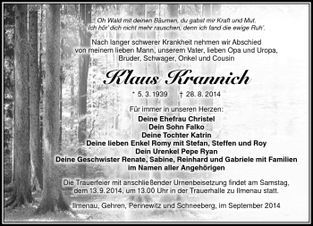Traueranzeige von Klaus Krannich von Südthüringer Presse