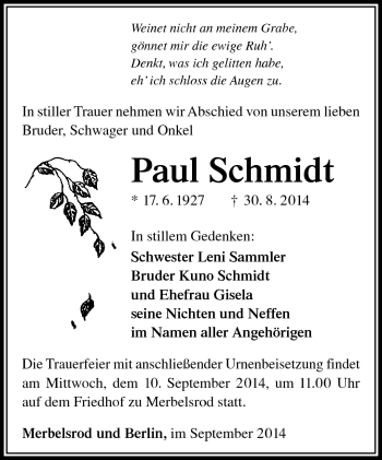 Traueranzeige von Paul Schmidt von Südthüringer Presse