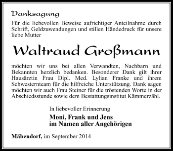 Traueranzeige von Waltraud Großmann von Südthüringer Presse