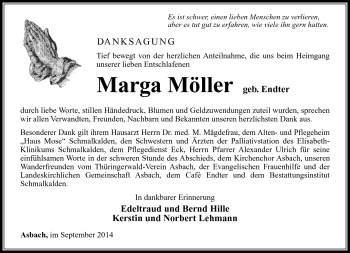 Traueranzeige von Marga Möller von Südthüringer Presse