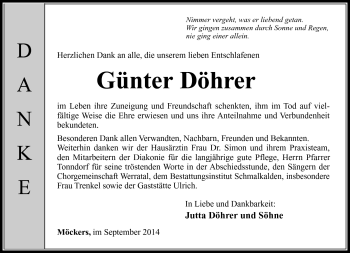 Traueranzeige von Günter Döhrer von Südthüringer Presse
