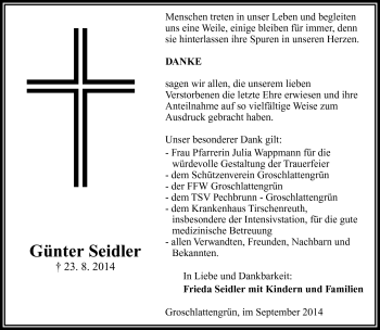 Traueranzeige von Günter Seidler von Frankenpost
