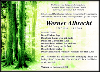 Traueranzeige von Werner Albrecht von Südthüringer Presse