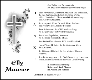 Traueranzeige von Elly Maaser von Südthüringer Presse