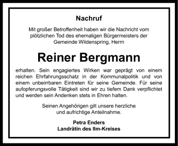 Traueranzeige von Reiner Bergmann von Südthüringer Presse