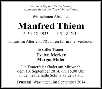 Traueranzeige von Manfred Thiem von Südthüringer Presse