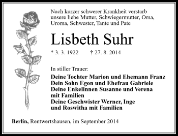 Traueranzeige von Lisbeth Suhr von Südthüringer Presse