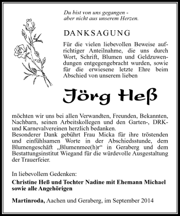 Traueranzeige von Jörg Heß von Südthüringer Presse