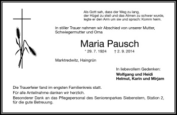 Traueranzeige von Maria Pausch von Frankenpost