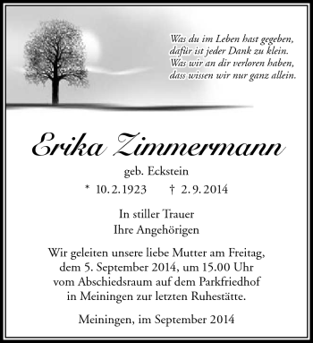 Traueranzeige von Erika Zimmermann von Südthüringer Presse