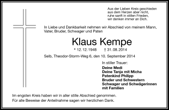 Traueranzeige von Klaus Kempe von Frankenpost