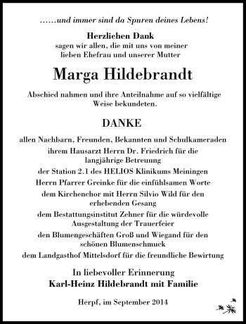 Traueranzeige von Marga Hildebrandt von Südthüringer Presse