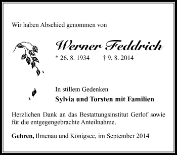 Traueranzeige von Werner Feddrich von Südthüringer Presse