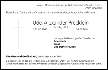Traueranzeige von Udo Alexander Precklein von Neue Presse Coburg