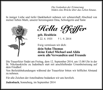 Traueranzeige von Hella Pfeiffer von Südthüringer Presse