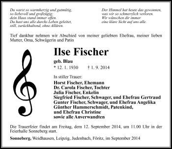 Traueranzeige von Ilse Fischer von Südthüringer Presse