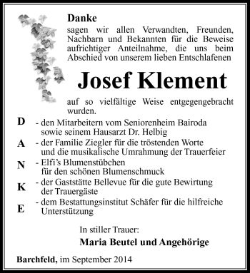 Traueranzeige von Josef Klement von Südthüringer Presse