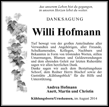 Traueranzeige von Willi Hofmann von Südthüringer Presse