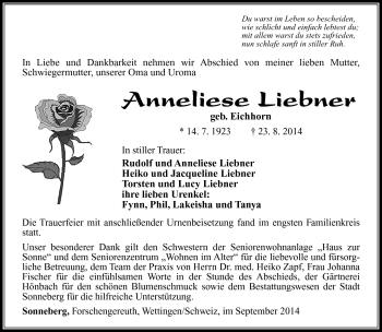Traueranzeige von Anneliese Liebner von Südthüringer Presse