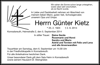 Traueranzeige von Günter Kietz von Frankenpost