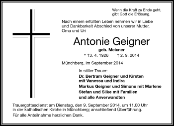 Traueranzeige von Antonie Geigner von Frankenpost