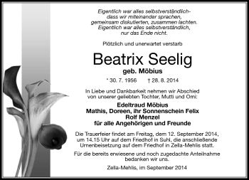 Traueranzeige von Beatrix Seelig von Südthüringer Presse