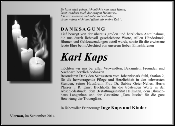 Traueranzeige von Karl Kaps von Südthüringer Presse