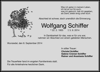 Traueranzeige von Wolfgang Schiffer von Frankenpost