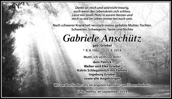 Traueranzeige von Gabriele Anschütz von Südthüringer Presse
