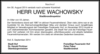 Traueranzeige von Uwe Wachowsky von Frankenpost