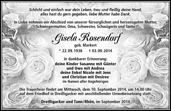 Traueranzeige von Gisela Rosendorf von Südthüringer Presse