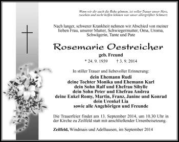 Traueranzeige von Rosemarie Oestreicher von Südthüringer Presse