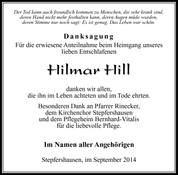 Traueranzeige von Hilmar Hill von Südthüringer Presse