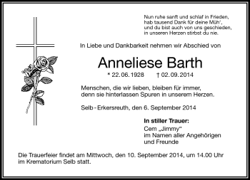 Traueranzeige von Anneliese Barth von Frankenpost