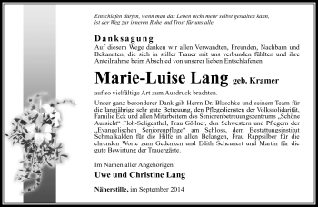 Traueranzeige von Marie-Luise Lang von Südthüringer Presse