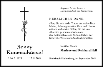 Traueranzeige von Jenny Reumschüssel von Südthüringer Presse