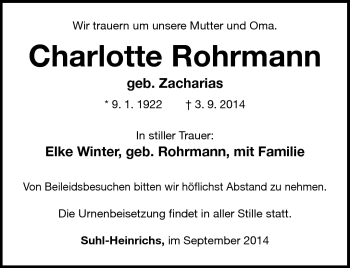 Traueranzeige von Charlotte Rohrmann von Südthüringer Presse