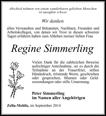 Traueranzeige von Regine Simmerling von Südthüringer Presse
