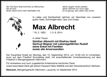 Traueranzeige von Max Albrecht von Südthüringer Presse