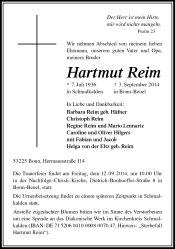 Traueranzeige von Hartmut Reim von Südthüringer Presse