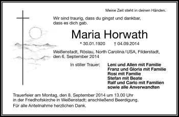 Traueranzeige von Maria Horwath von Frankenpost